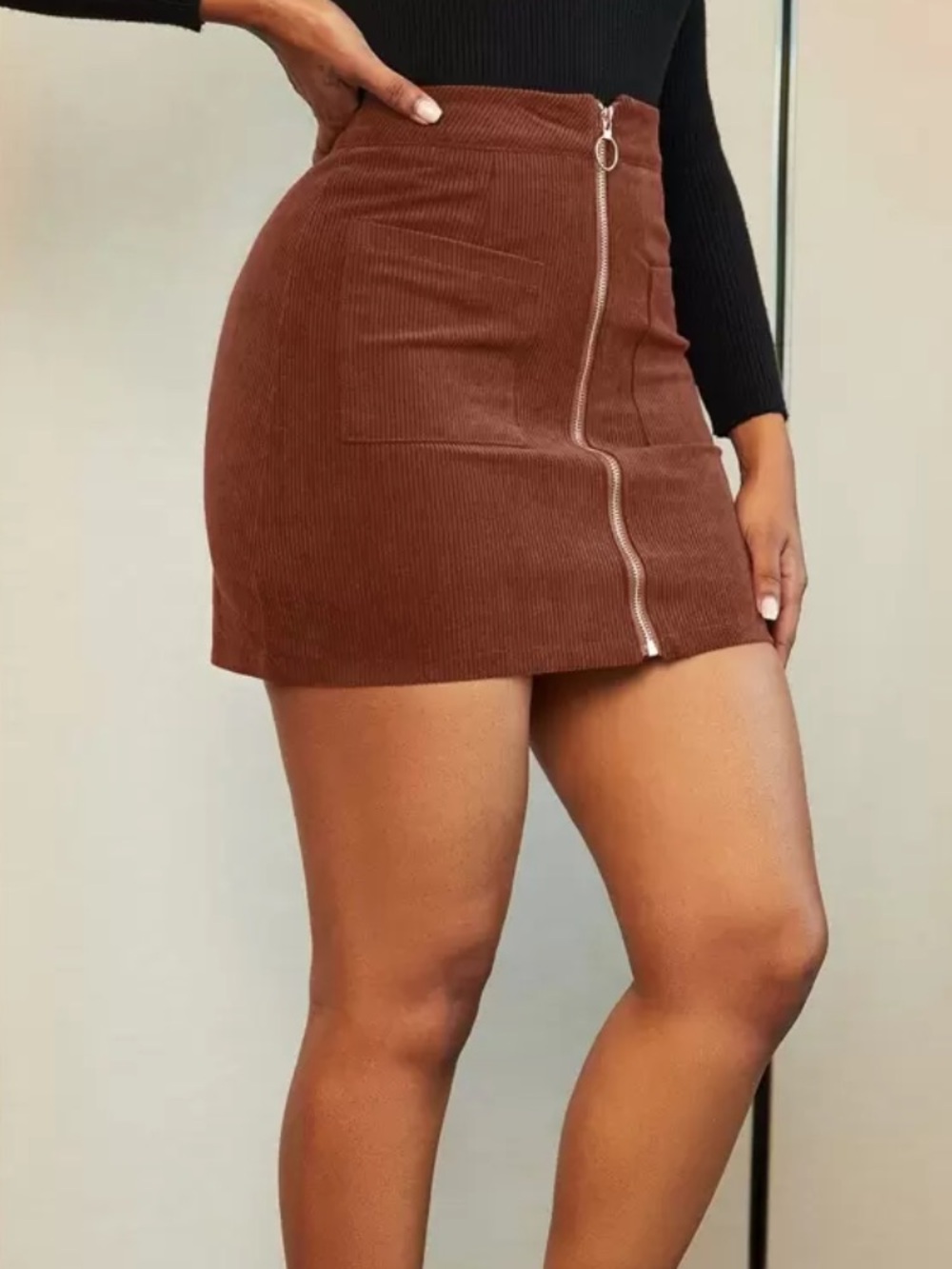 SHEIN Brown Corduroy Zip-Front Mini Skirt